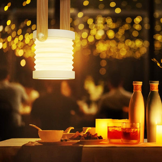 Collapsible LED Camping Lantern with Wooden Handle - Rechargeable Portable Light for Outdoor & Home