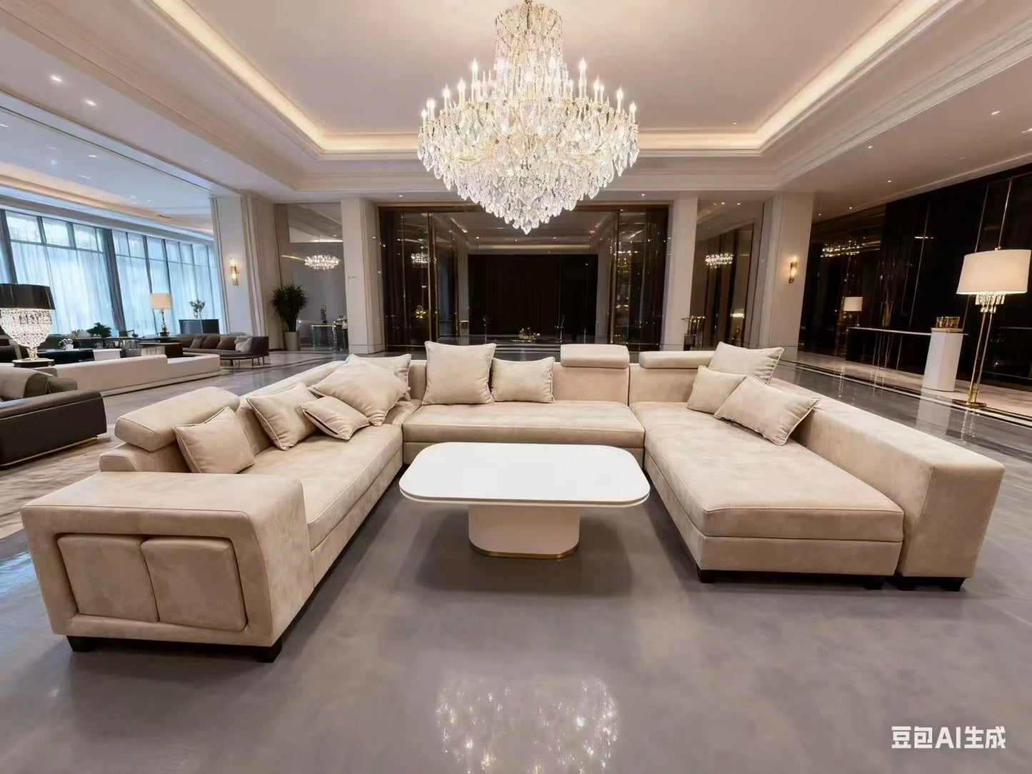 Premium Sectional Sofa Set without coffee table- Luxury Living Room Furniture with Crystal Chandelier Ambiance