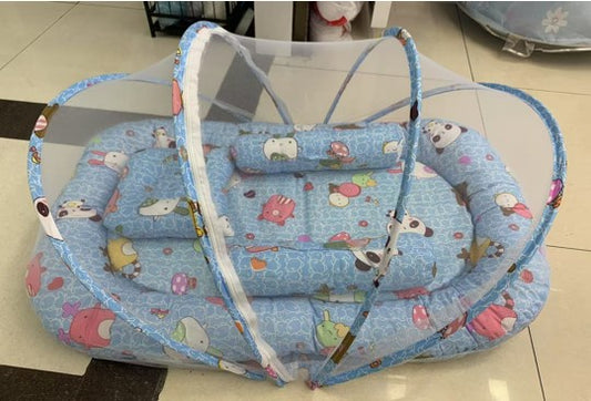Baby Bed-in-Bed with 3 Pillows & Mesh Canopy – Cartoon Blue Design
