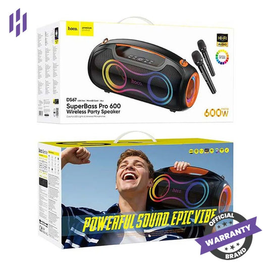 Hoco DS67 SuperBass Pro 600 Wireless Party Speaker - 600W Hi-Fi Karaoke System with 2 Wireless Microphones & RGB Lights
