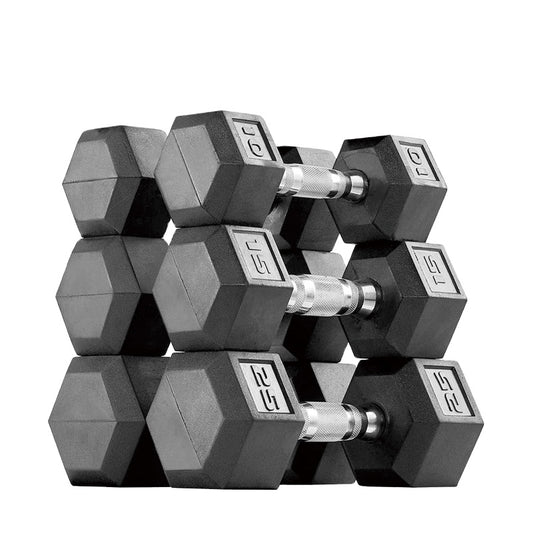 Black Rubber Coated Hex Rubber Dumbbells Set