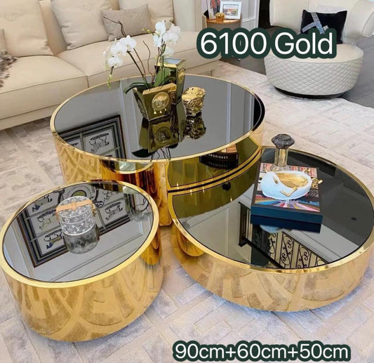 Coffee Table Set 6100 Silver - Black Glass Top with Mirror Chrome Cylindrical Base