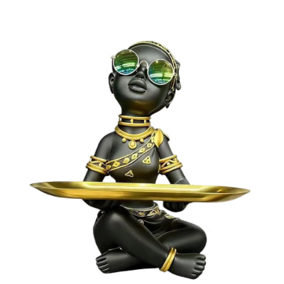 African Queen Figurine with Gold Tray - Luxury Decorative Organizer