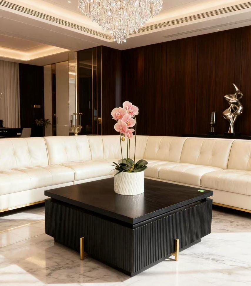 Coffee Table - Dark Wood Top with Black Ribbed Base & Gold Accent Legs