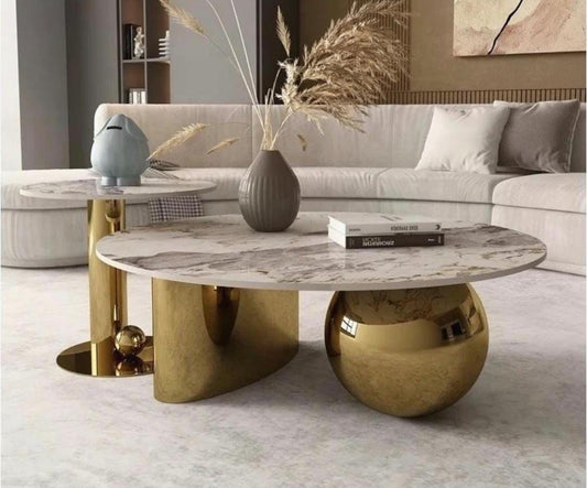 Marble Coffee Table Set - White Marble Top with Black Sculptural Bases
