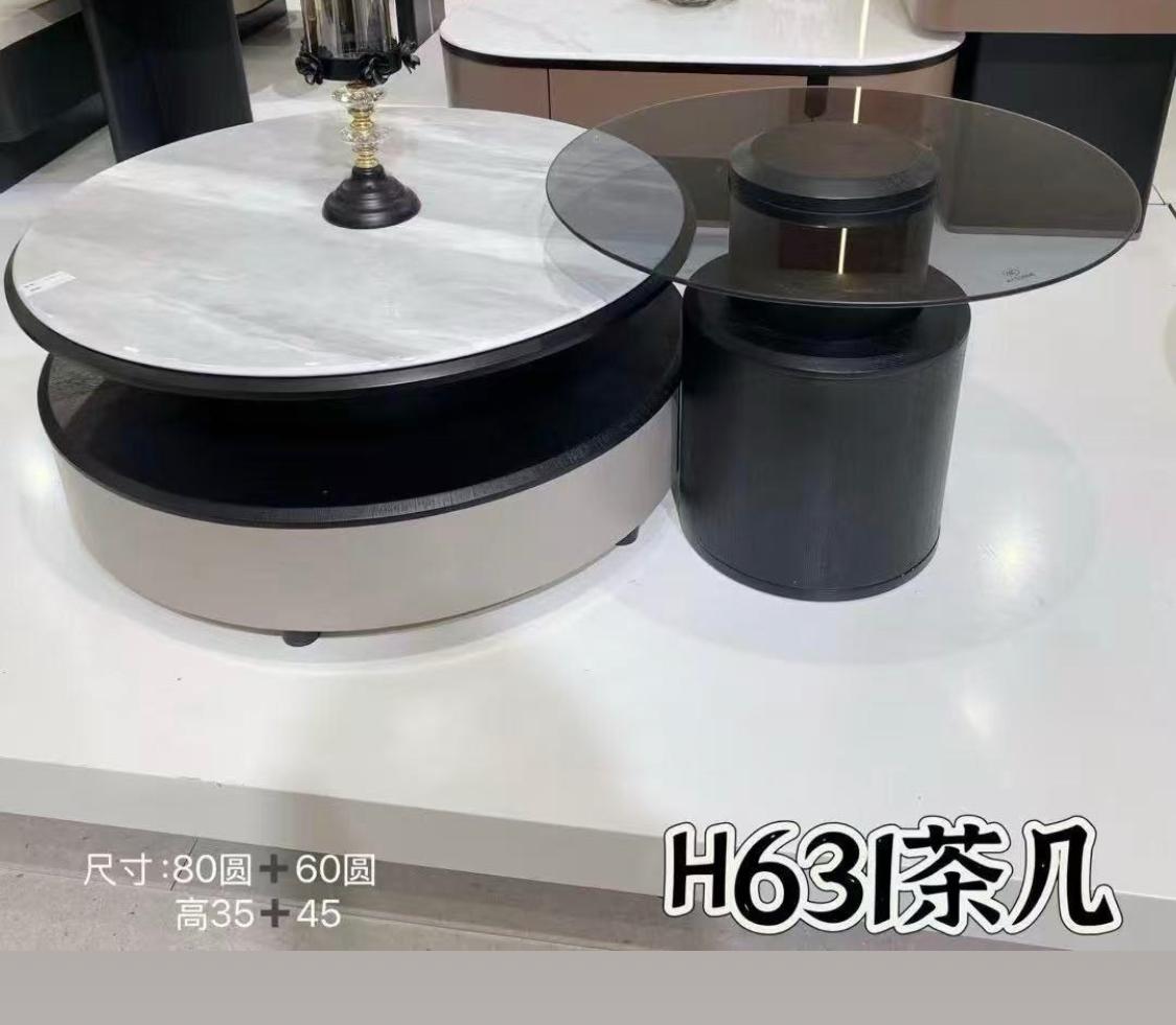 Coffee Table Set H631 - Marble Top with Rotating Storage & Cylindrical Base