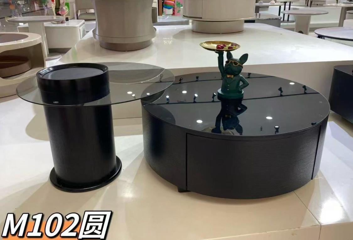 Black Glass Coffee Table Set M102 - Round Glass Top with Cylindrical Base