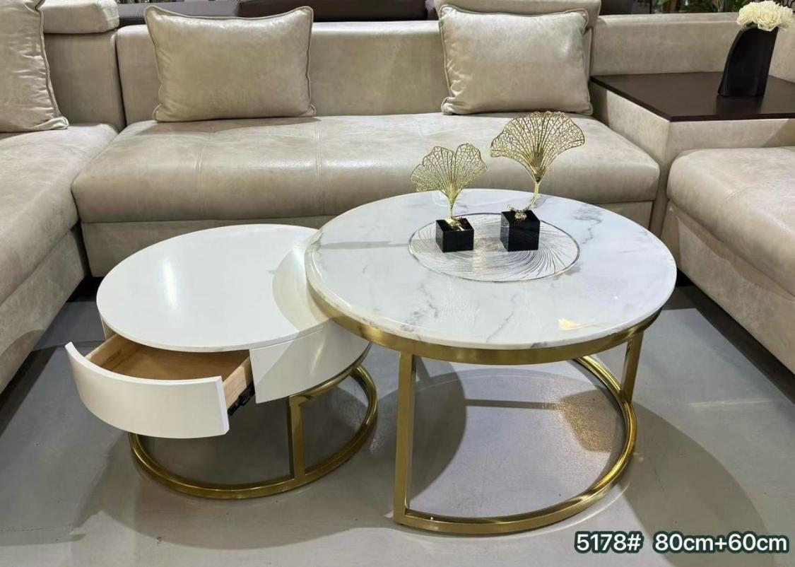 Marble Coffee Table Set - White Marble Top with Gold Base & Storage Ottoman
