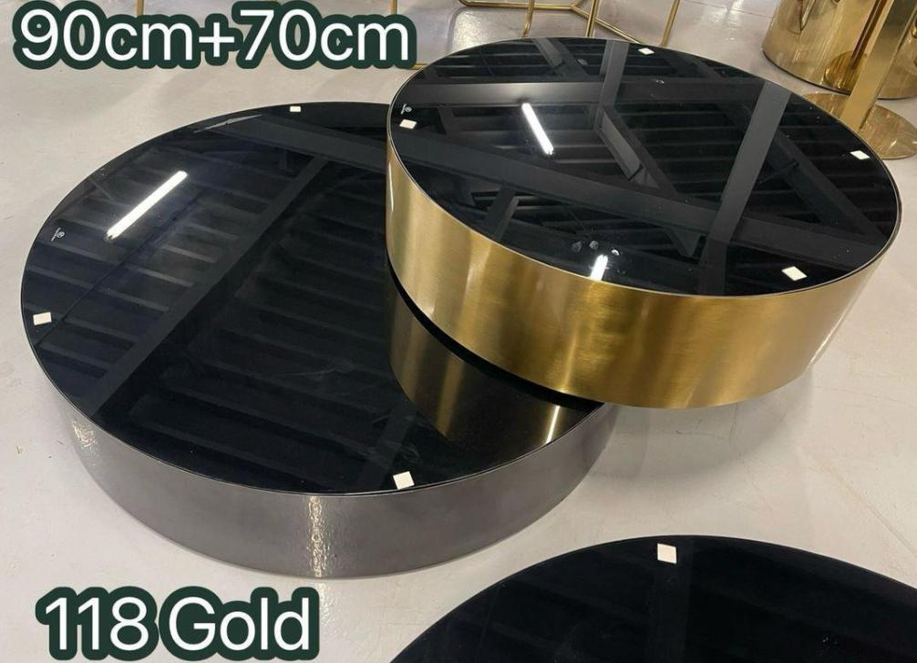 Glass Coffee Table Set - Black Glass Top with Gold & Silver Metallic Bases