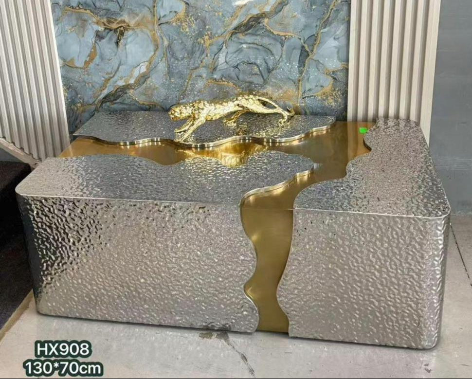 Luxury Coffee Table Set - Silver Hammered Metal with Gold Crocodile Sculpture