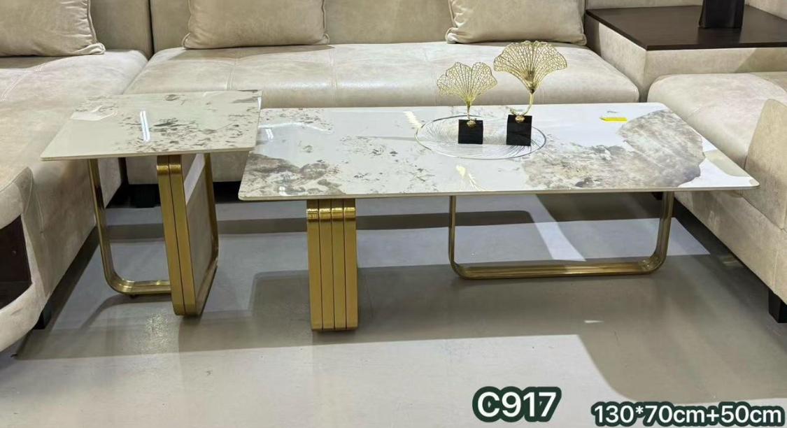 Coffee Table Set C917 - White Marble Top with Gold U-Frame Bases - 130cm x 70cm + 50cm