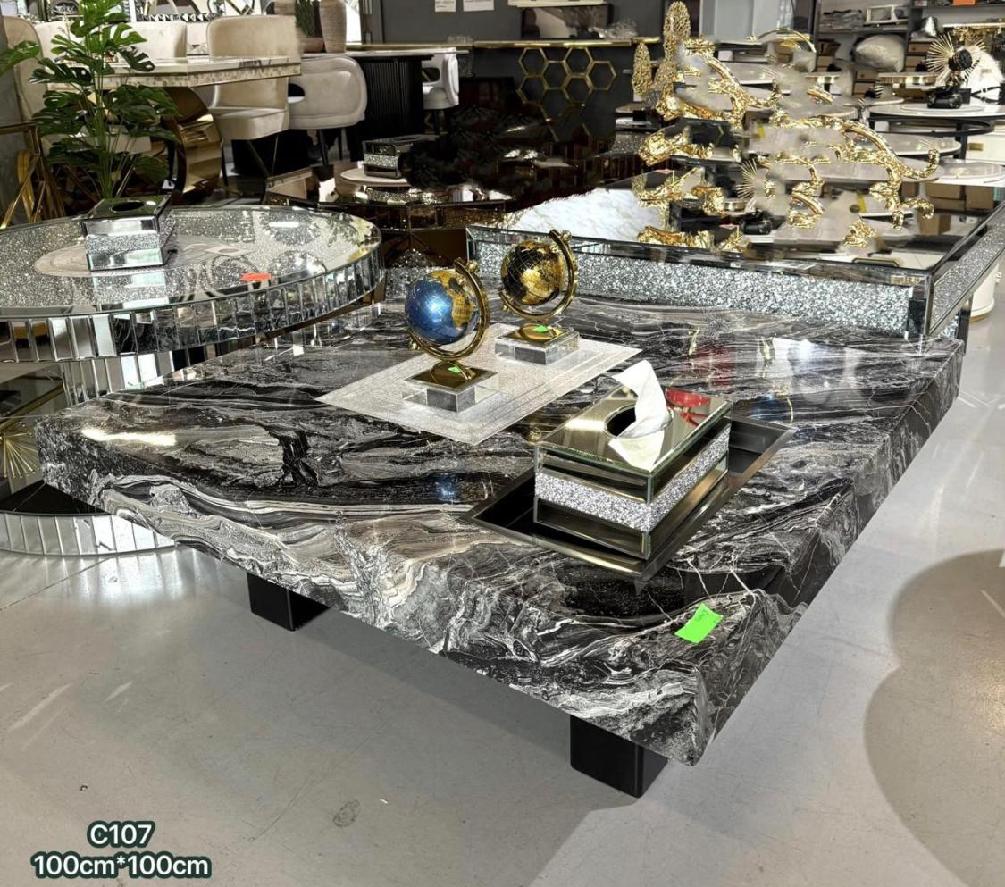 Coffee Table C107 - Black Marble Top with Silver Chrome Accents - 100cm x 100cm