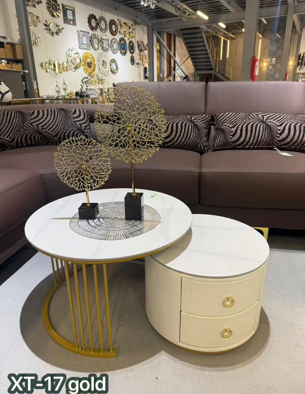 Coffee Table Set XT-17/XT-18 - White Top with 2-Drawer Storage & Gold/Black Legs