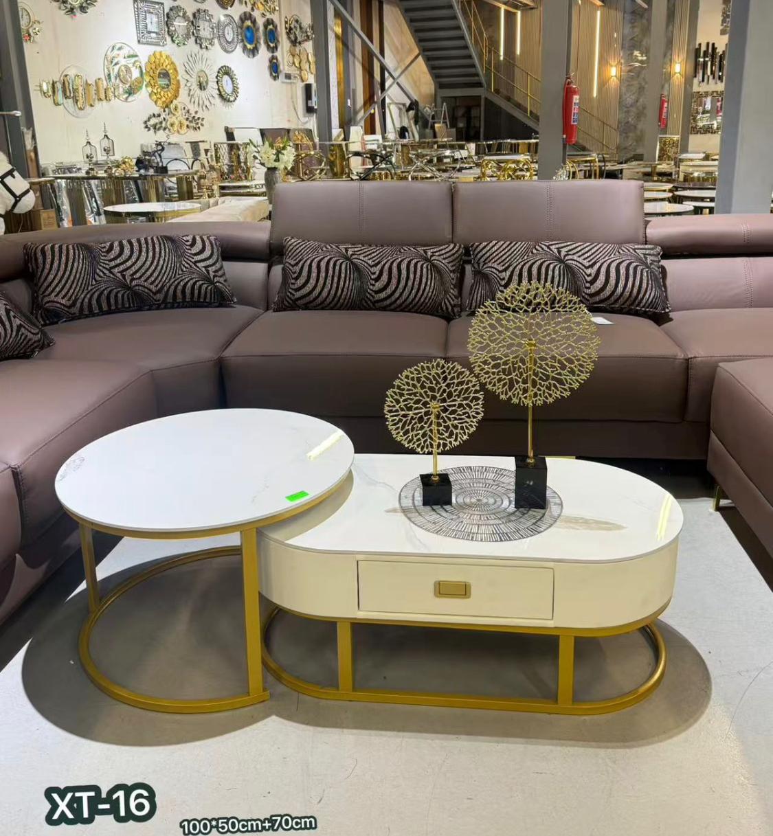 Coffee Table Set XT-15/XT-16 - White Top with Storage Drawer & Gold/Black Legs