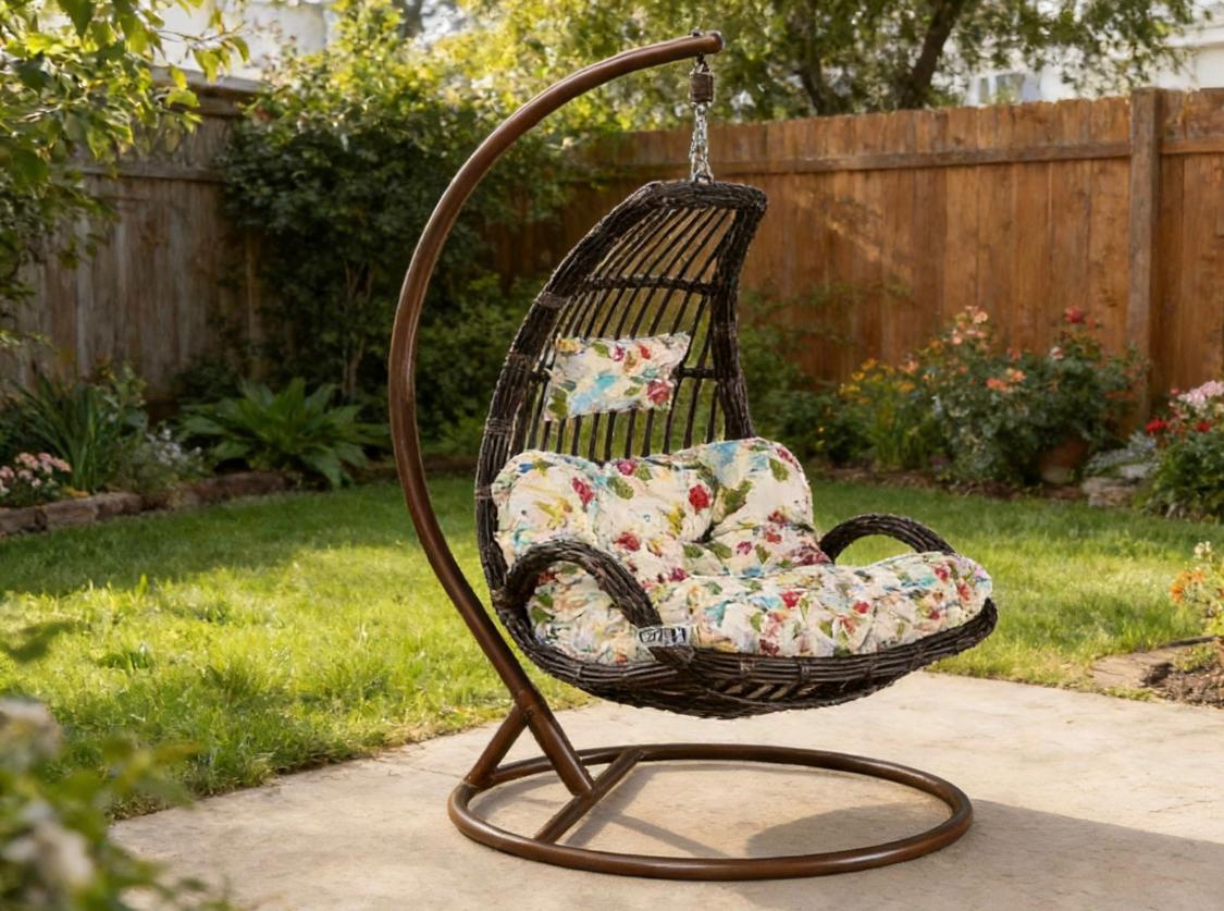 Hanging Egg Chair - Brown Wicker Swing Chair with C-Stand & Floral Cushions