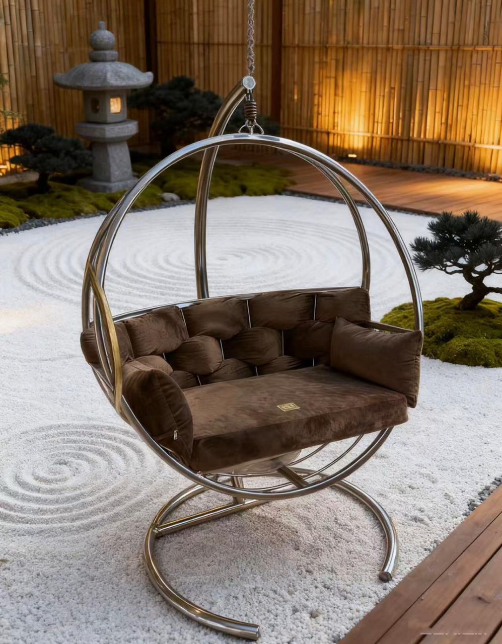Hanging Chair - Silver Frame Swing Chair with C-Stand & Brown Velvet Cushions