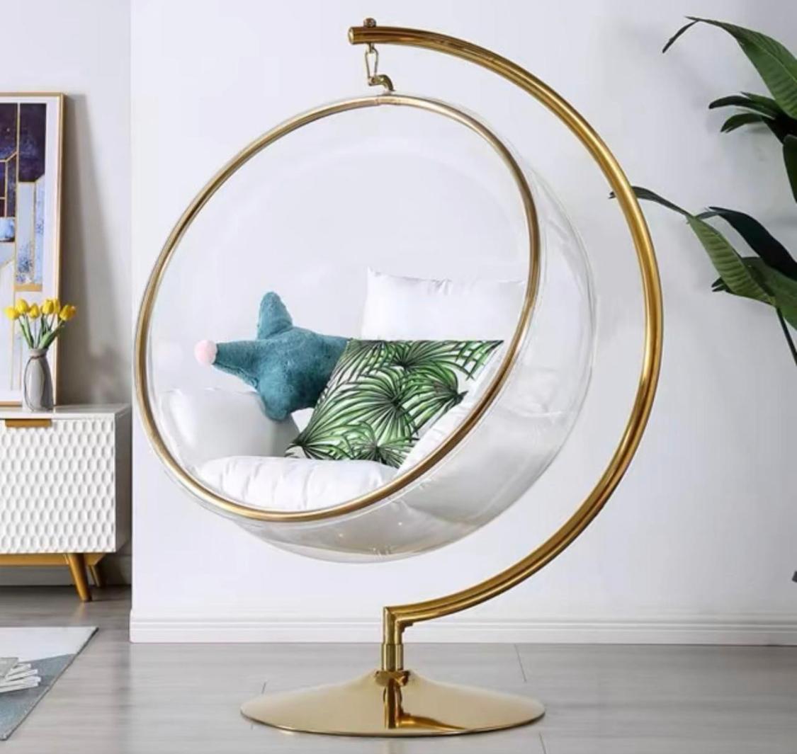 Bubble Hanging Chair - Clear Acrylic Swing Chair with Gold C-Stand & White Cushions