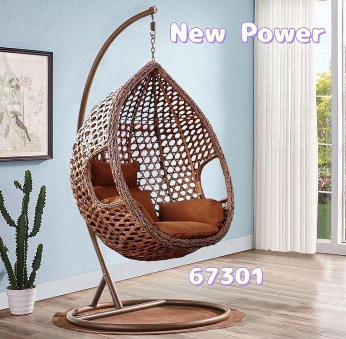 Hanging Egg Chair 67301 - Brown Wicker Swing Chair with C-Stand & Orange Cushions
