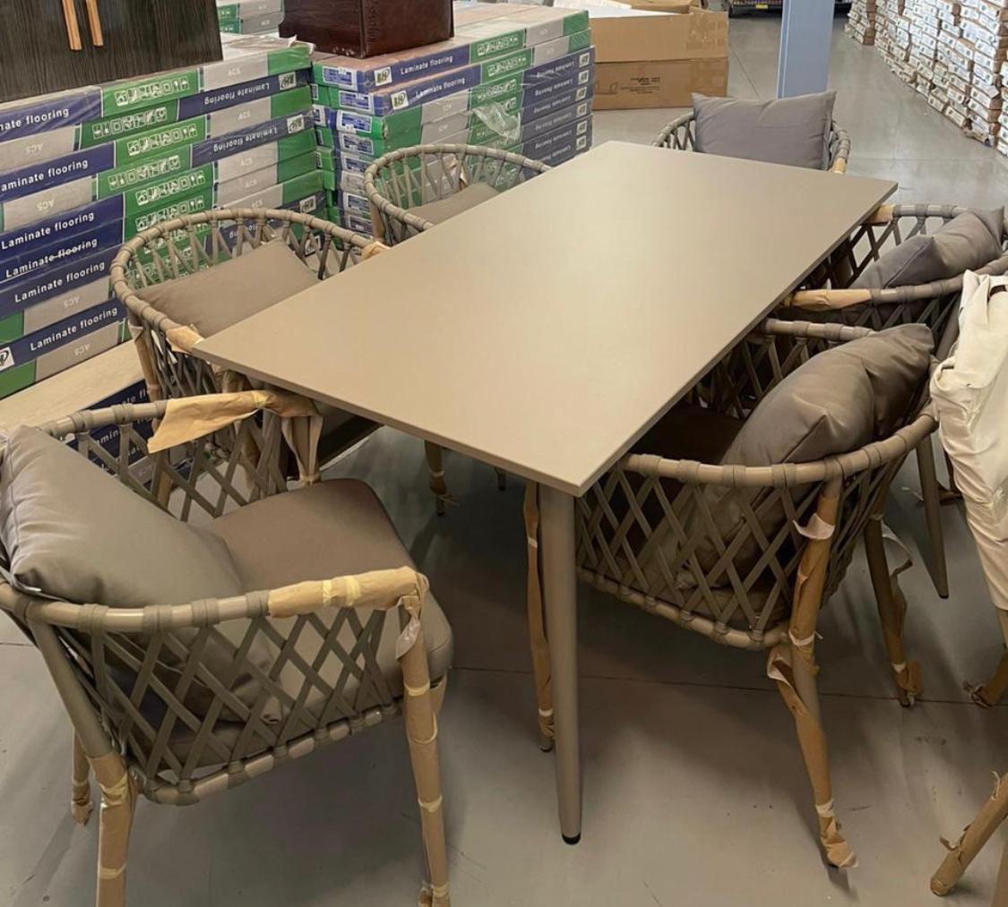 Outdoor Rattan Dining Set - Beige Table with 4 Lattice Chairs & Cushions