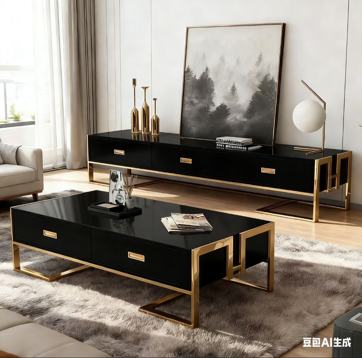 White Marble TV Stand Coffee Table Set - Luxury Gold Frame Living Room Furniture with Glass Shelves