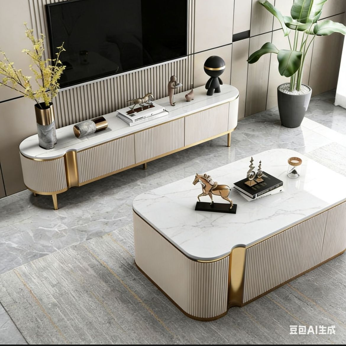 Luxury White Marble TV Stand Coffee Table Set - Modern Living Room Furniture with Gold Accents