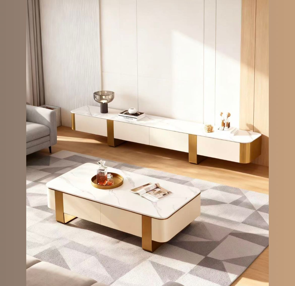Modern White TV Stand Coffee Table Set - Luxury Living Room Furniture with Gold Legs & Storage