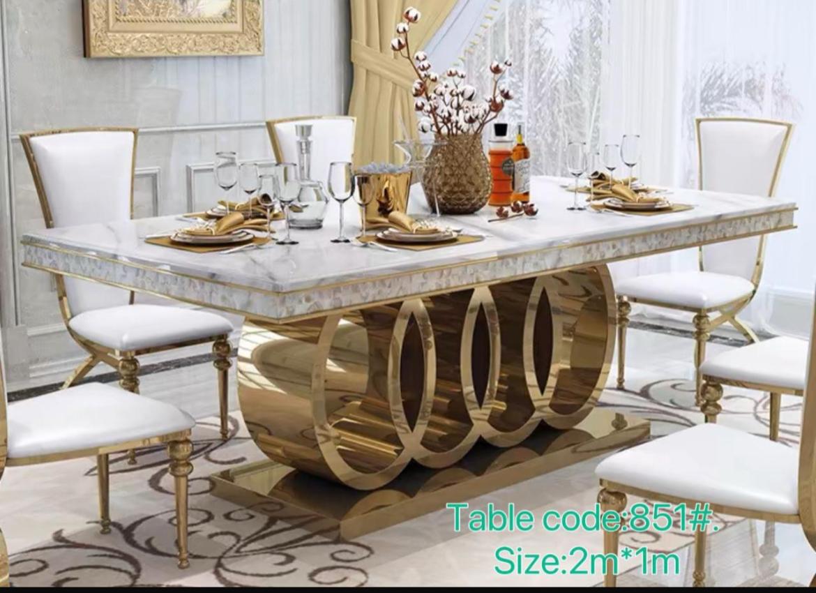 Luxury Marble Dining Table - White Marble Top with Gold Circular Base Design for 6-8 People
