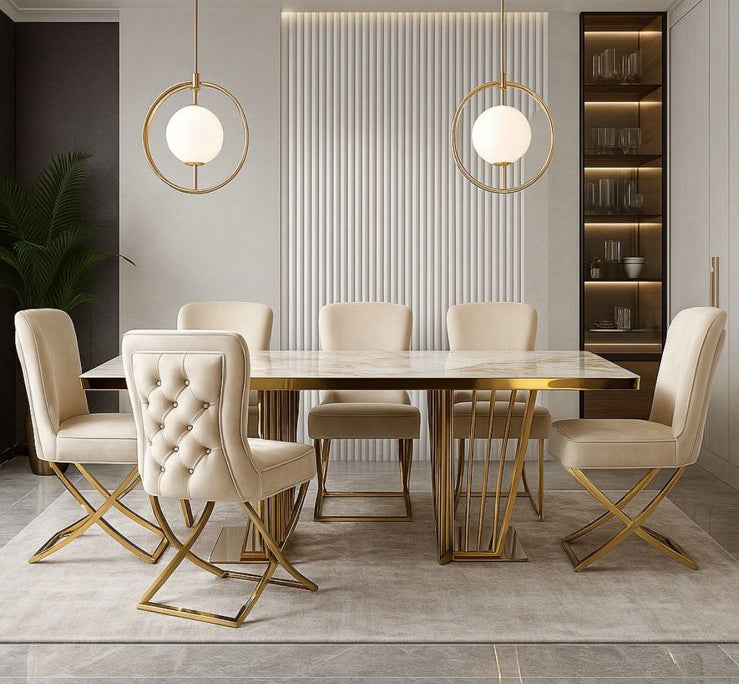 Luxury Marble Dining Table Set - White Marble Top with Gold Base & Tufted Velvet Chairs for 6-8