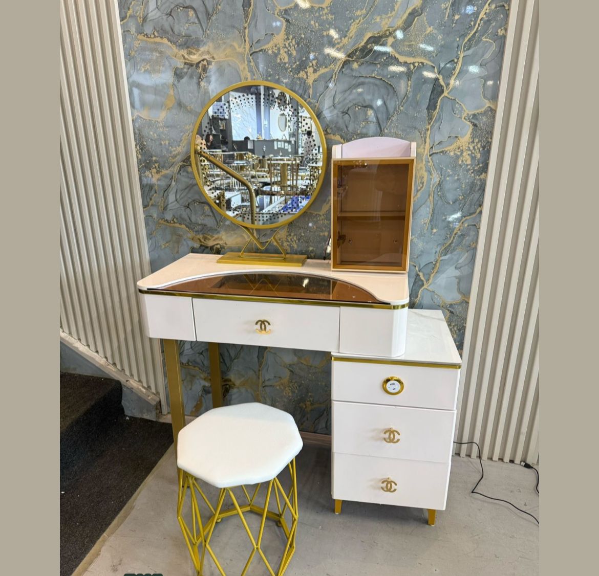 Luxury White and Gold Vanity Desk with Designer Hardware - Premium Makeup Table with Storage