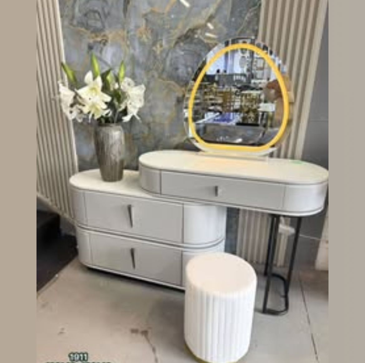 White Vanity Desk with LED Gold Mirror and Storage - Luxury Makeup Table with Stool