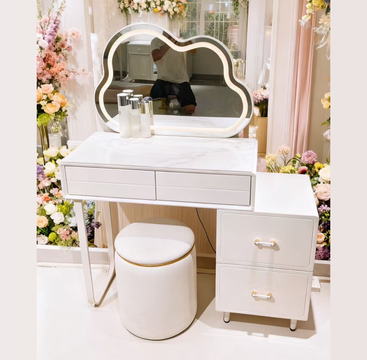 White Vanity Desk with Decorative Mirror and Gold Stool - Modern Makeup Table with Drawers