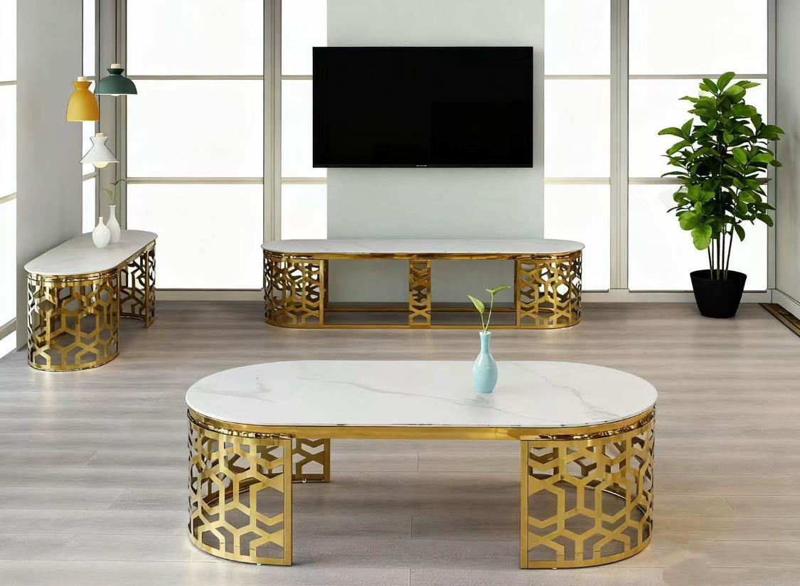 Gold Geometric TV Stand Coffee Table Set - Luxury White Marble Top with Cutout Design & Side Table