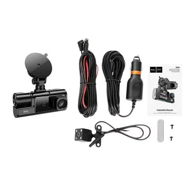 Hoco DI60 3-Camera Dash Cam Driving Recorder - Front, Rear & Interior HD Car DVR with Night Vision
