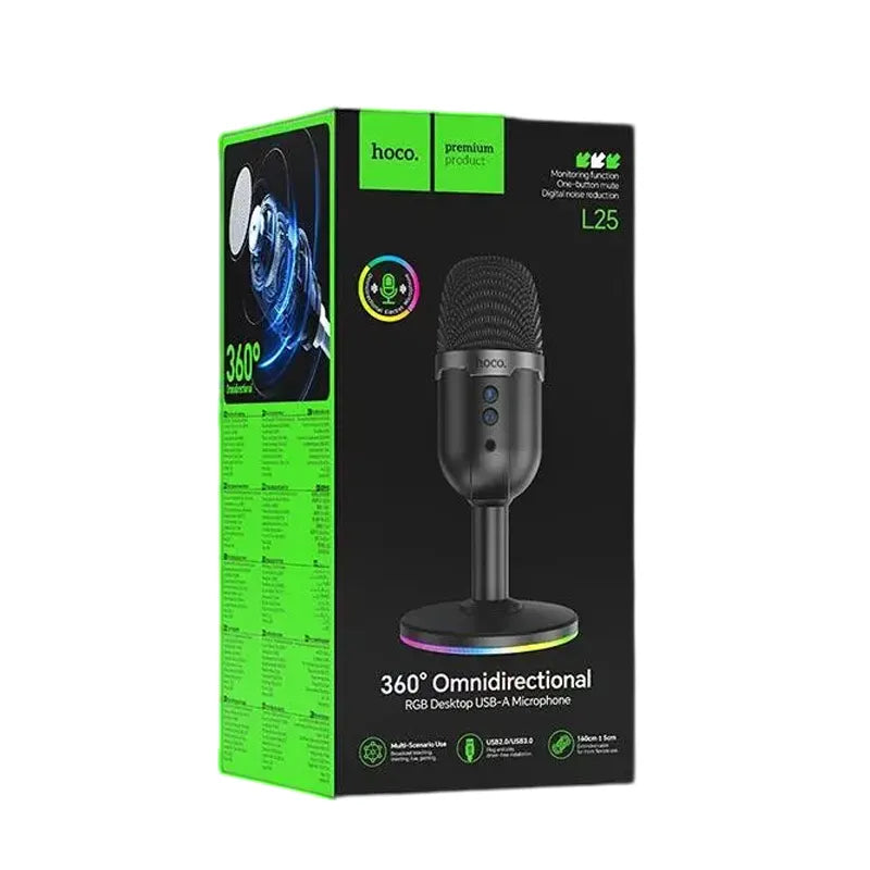 Hoco L25 360° Omnidirectional RGB Desktop USB Microphone - Professional Streaming & Gaming Mic with Multi-Scenario Support