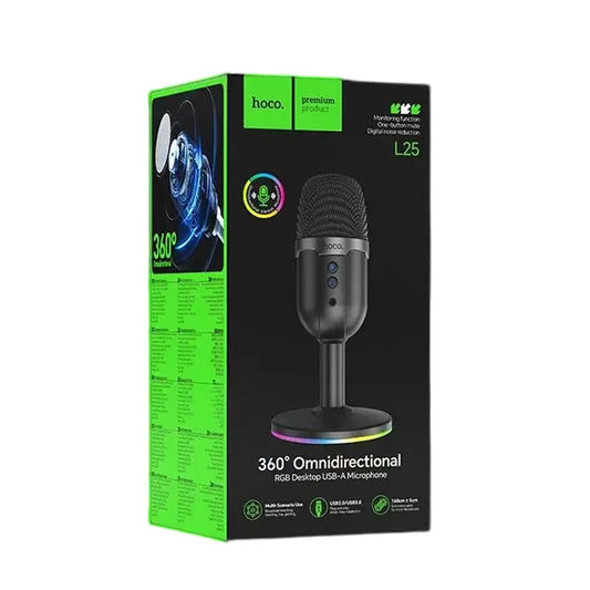 Hoco L25 360° Omnidirectional RGB Desktop USB Microphone - Professional Streaming & Gaming Mic with Multi-Scenario Support
