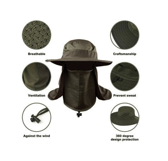 Bucket Hat Fishing Outdoor Sun Hat UPF50+ Mesh Wide Brim with Face Neck Flap