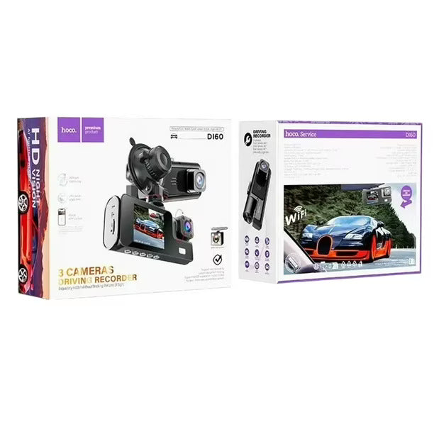 Hoco DI60 3-Camera Dash Cam Driving Recorder - Front, Rear & Interior HD Car DVR with Night Vision