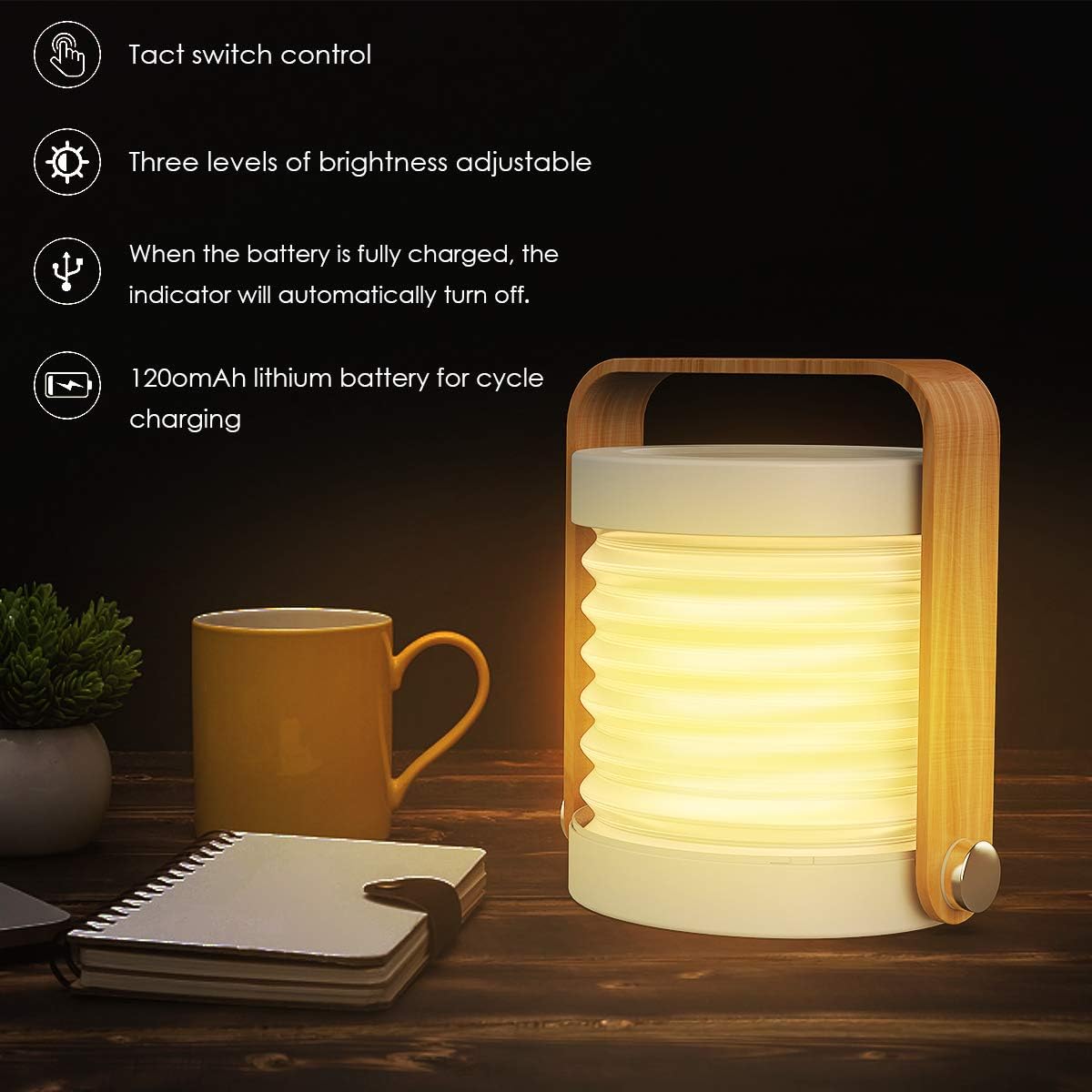 Collapsible LED Camping Lantern with Wooden Handle - Rechargeable Portable Light for Outdoor & Home