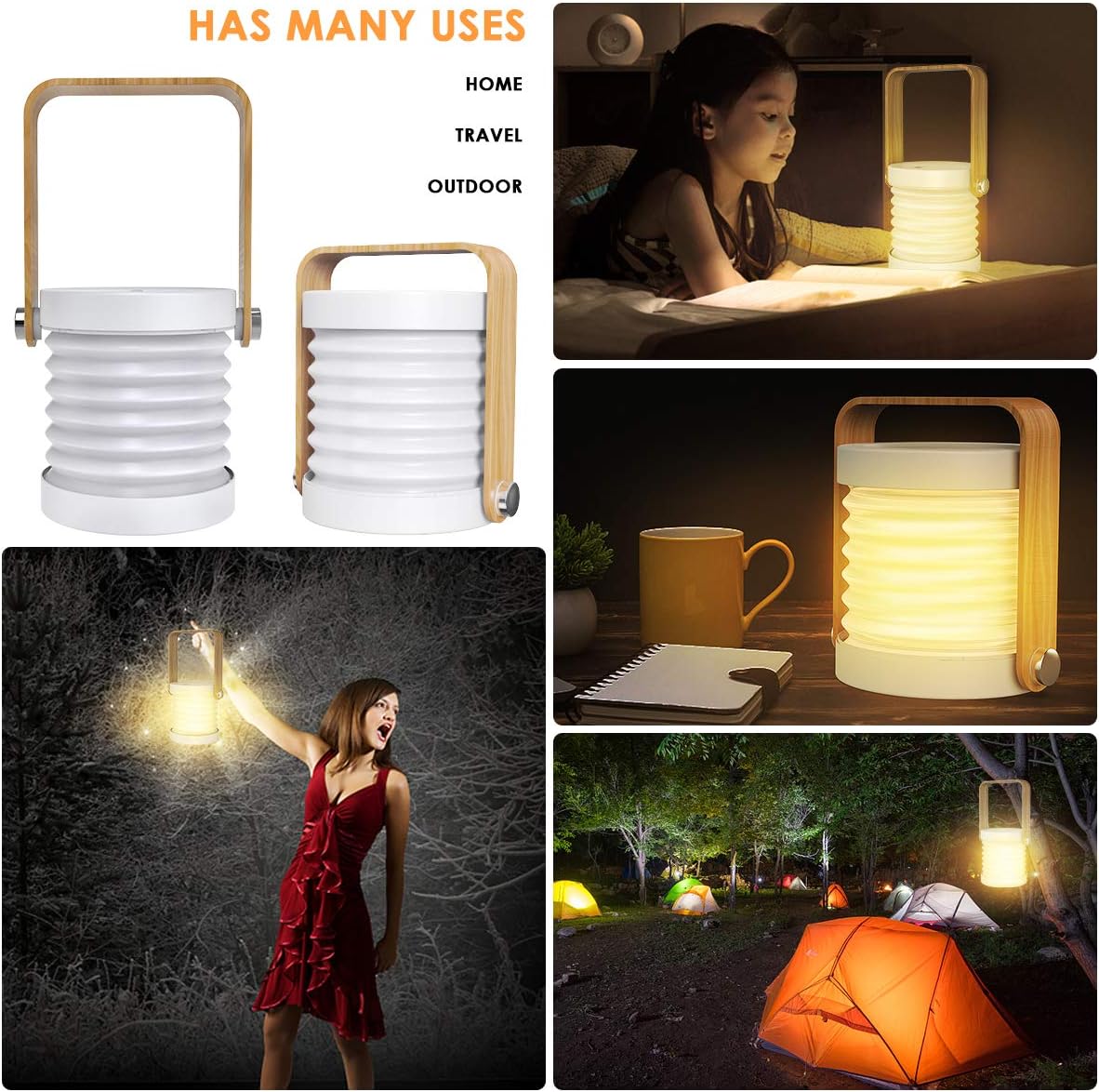 Collapsible LED Camping Lantern with Wooden Handle - Rechargeable Portable Light for Outdoor & Home