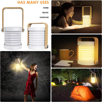 Collapsible LED Camping Lantern with Wooden Handle - Rechargeable Portable Light for Outdoor & Home