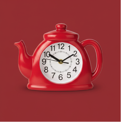 Teapot Wall Clock – Quartz Timepiece in White & Red Variants