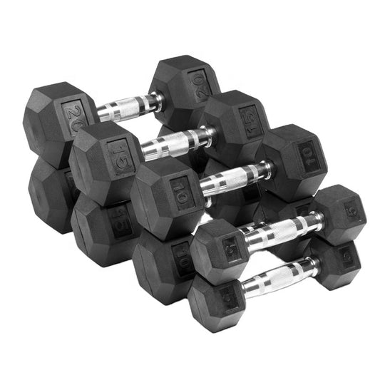 Black Rubber Coated Hex Rubber Dumbbells Set