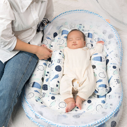 Baby Bed-in-Bed with 3 Pillows & Mesh Canopy – Cartoon Blue Design