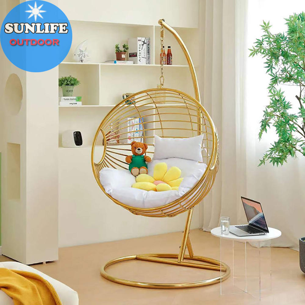 Golden Hanging Chair with Cushions – Elegant Indoor Swing with Stand
