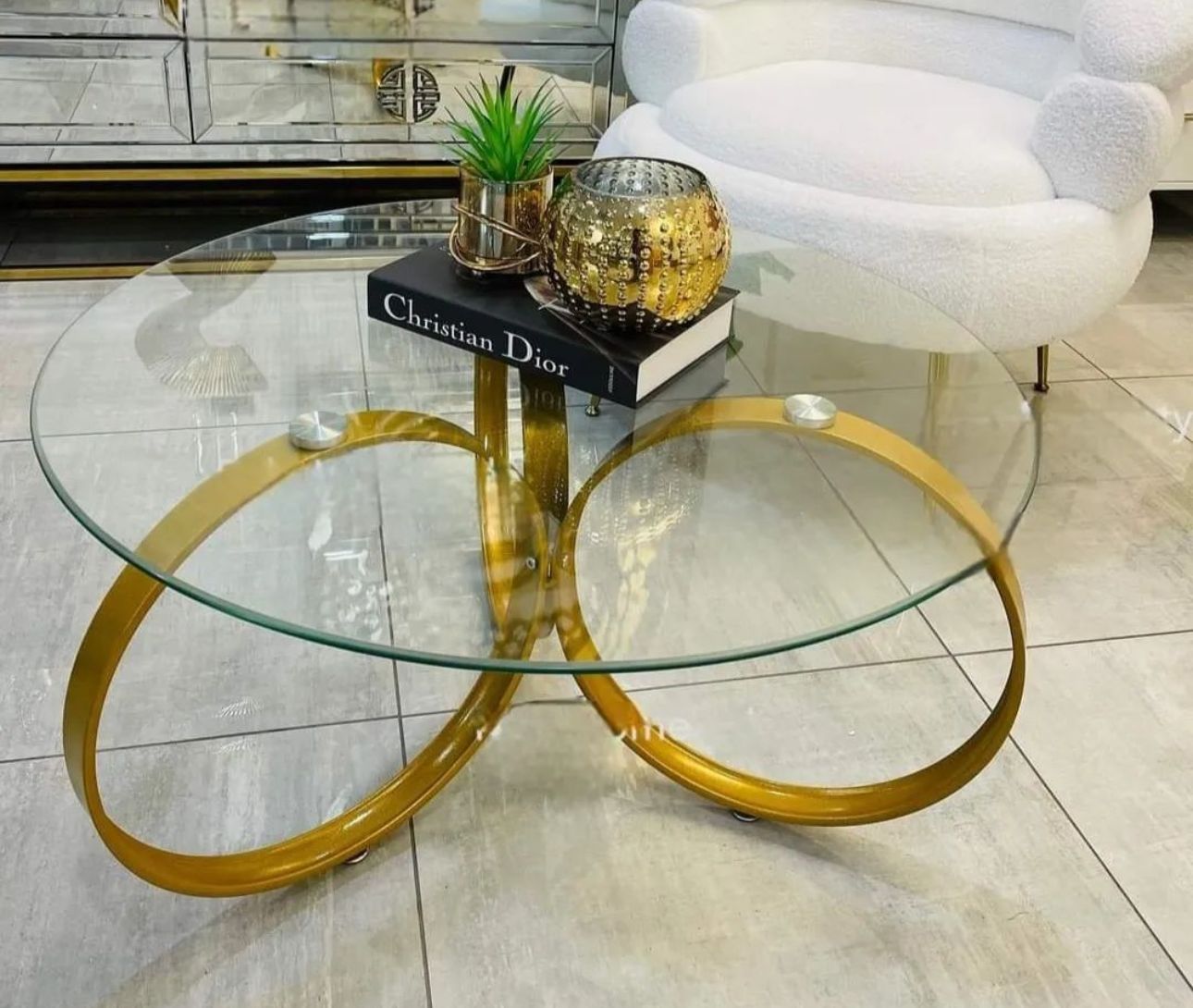 Round Glass Coffee Table with Gold Circular Loop Base