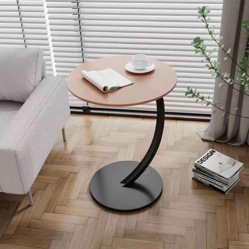 Modern Round Side Table with Wooden Top and Curved Black Metal Base