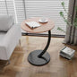 Modern Round Side Table with Wooden Top and Curved Black Metal Base