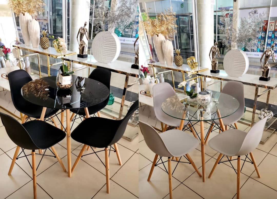 Modern Round Glass Dining Table Set – 4 Chairs with Wooden Legs