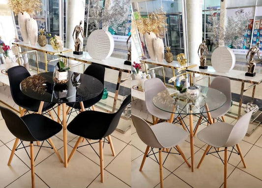 Modern Round Glass Dining Table Set – 4 Chairs with Wooden Legs
