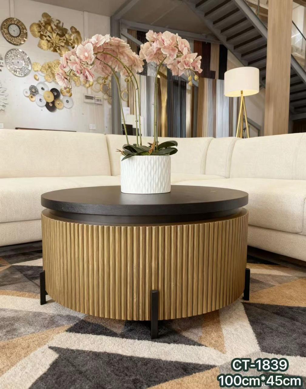 Coffee Table CT-1839 - Wood Top with Gold Ribbed Cylindrical Base